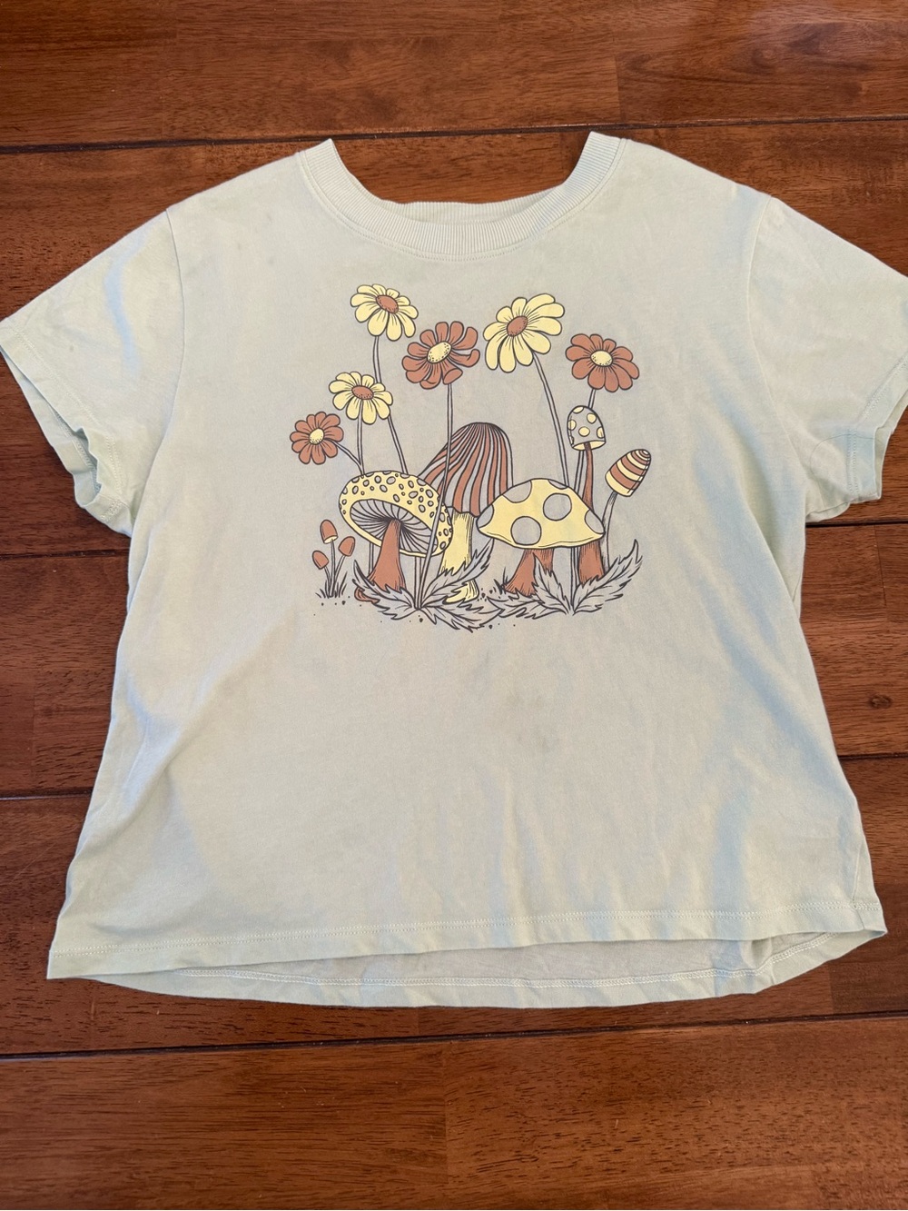 Women’s Light Green Graphic Mushroom & Daisy Tee, Baby Tee 100% Cotton Fairycore